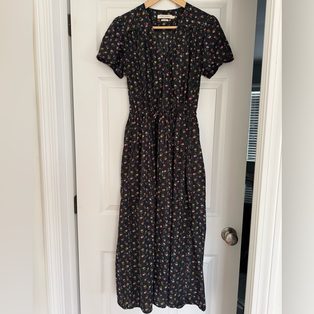 Christy Dawn Black Midi Dress with Pink, Yellow & Green Floral Print